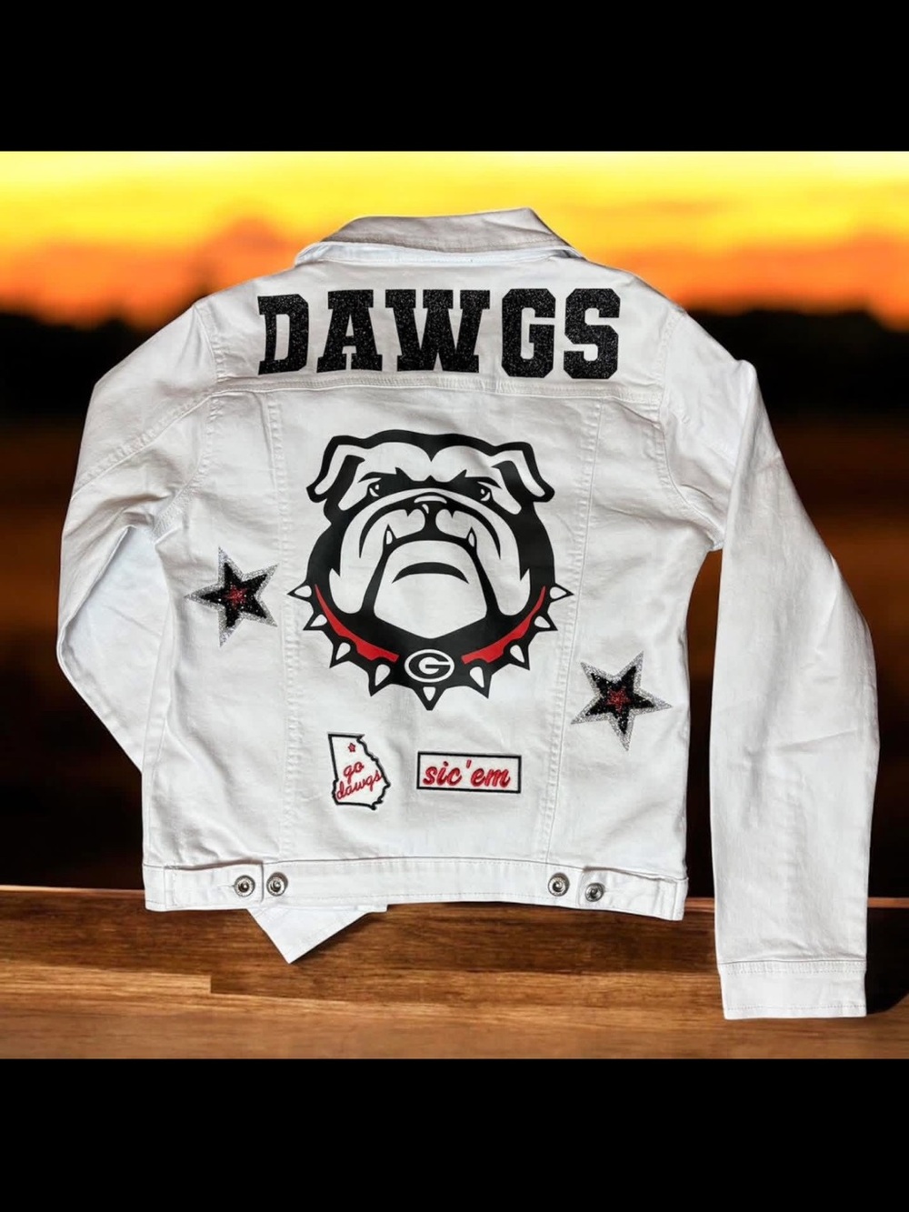 Style & Co. White "Dawgs" Graphic Jean Jacket with Bulldog Patch